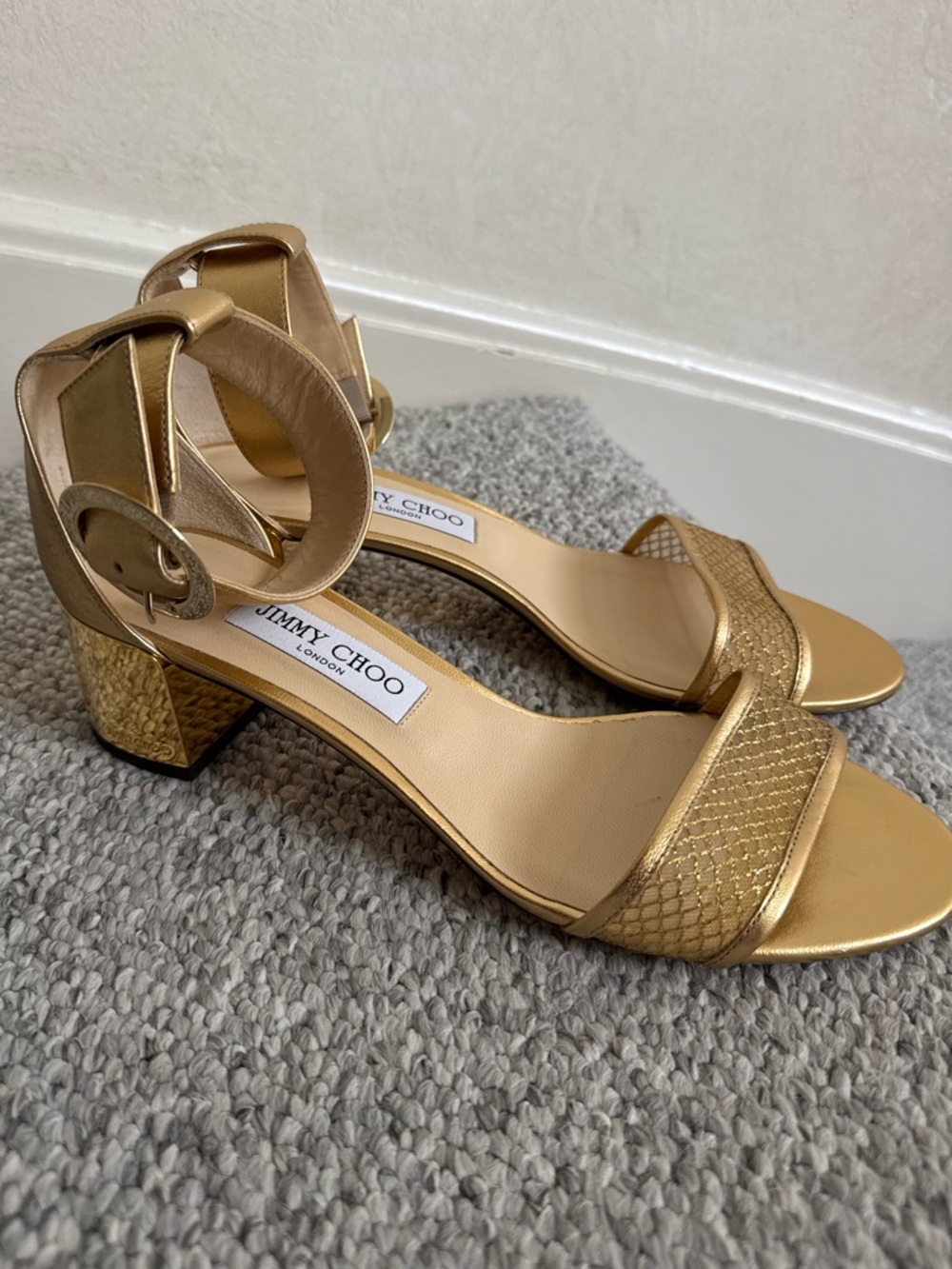 $650 NEW! Jimmy Choo Jaimie Lurex Mesh Metallic Gold Ankle Strap Block Heels
